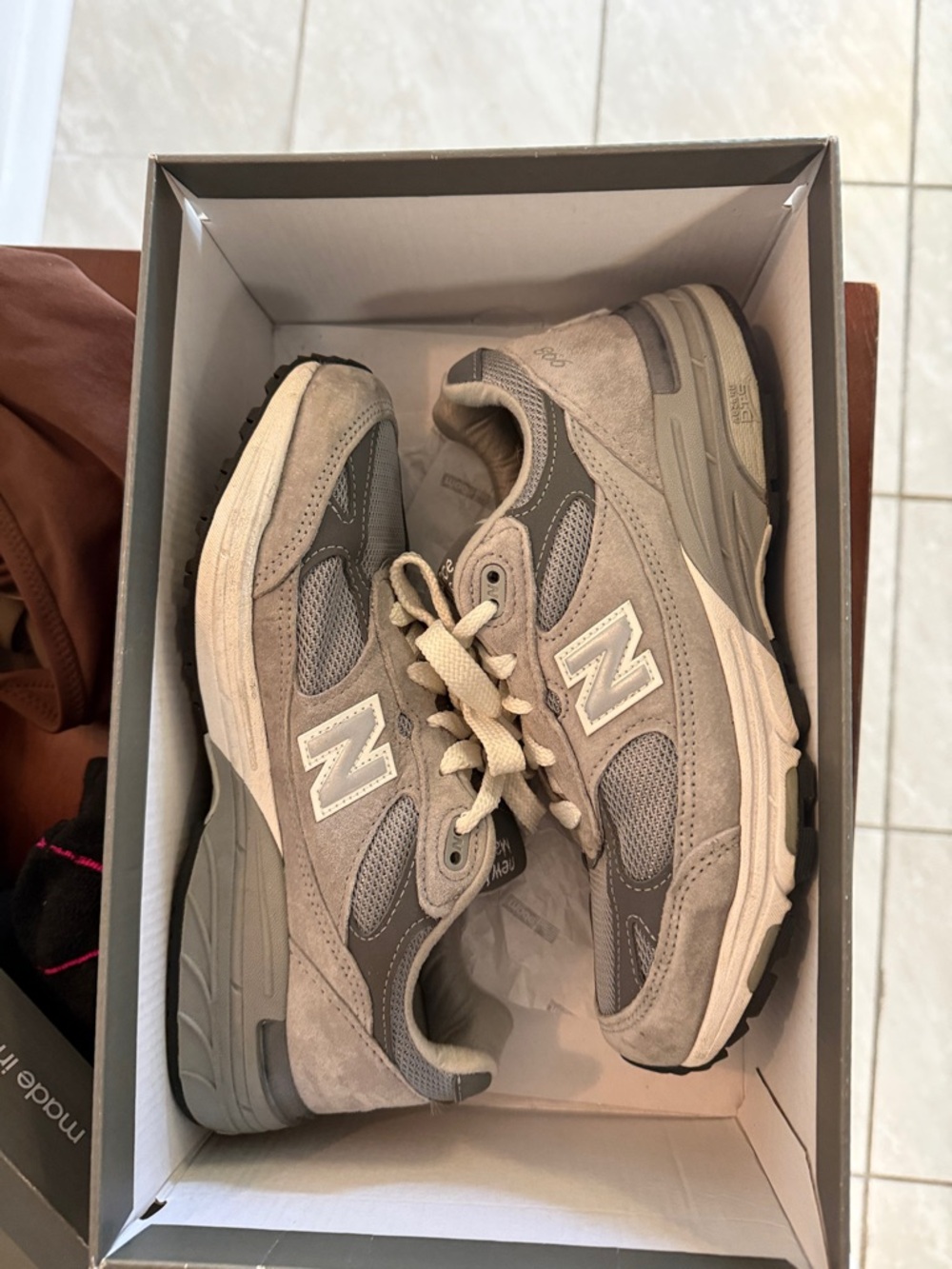 New Balance Taupe and Light Gray Suede 998 shoes